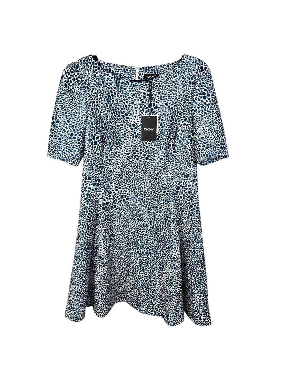 DKNY Size 14 Blue and White Speckled Fit and Flare Dress Short Puff Sleeves NWT